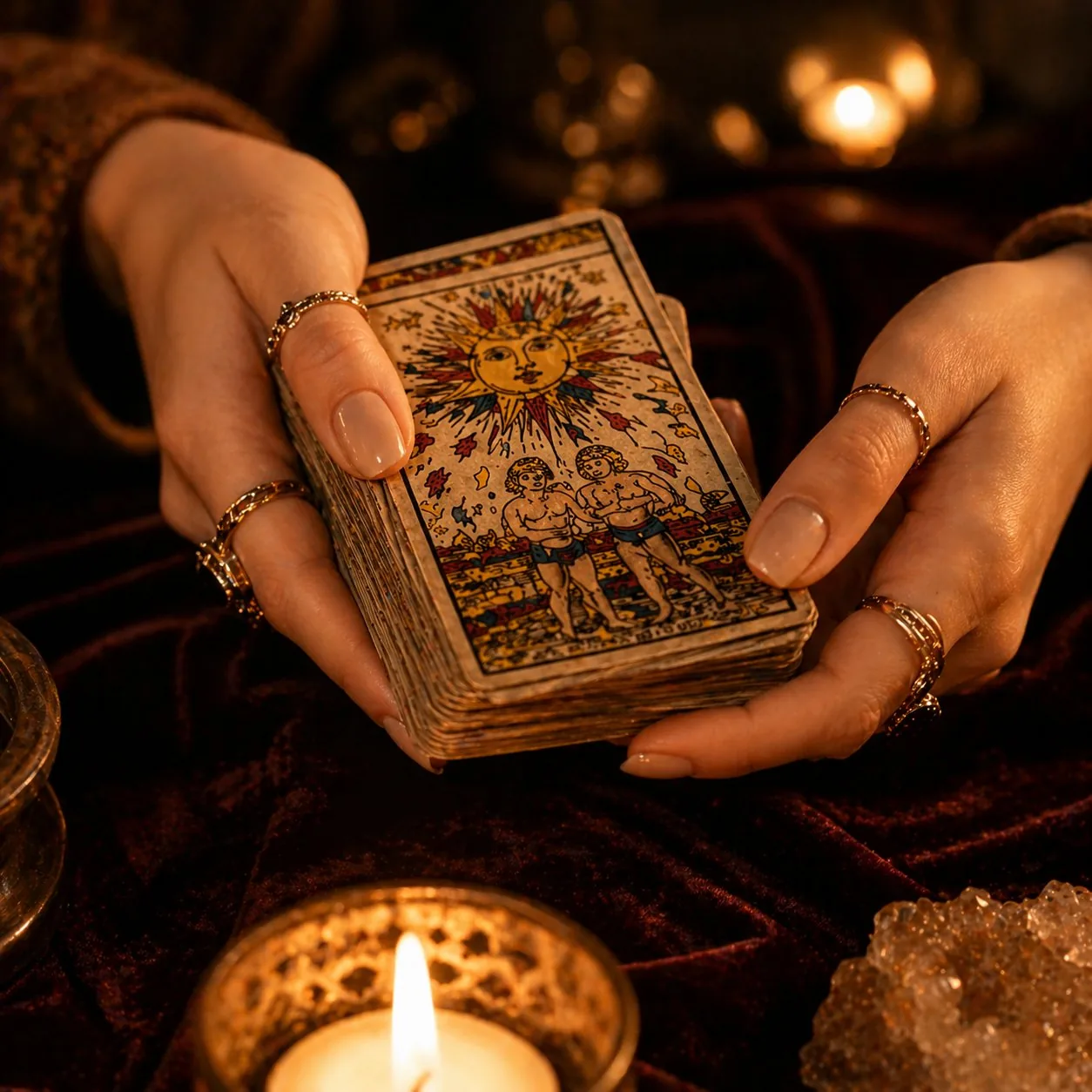 Mains tenant le Tarot de Marseille - Natacha Laure voyante Nice