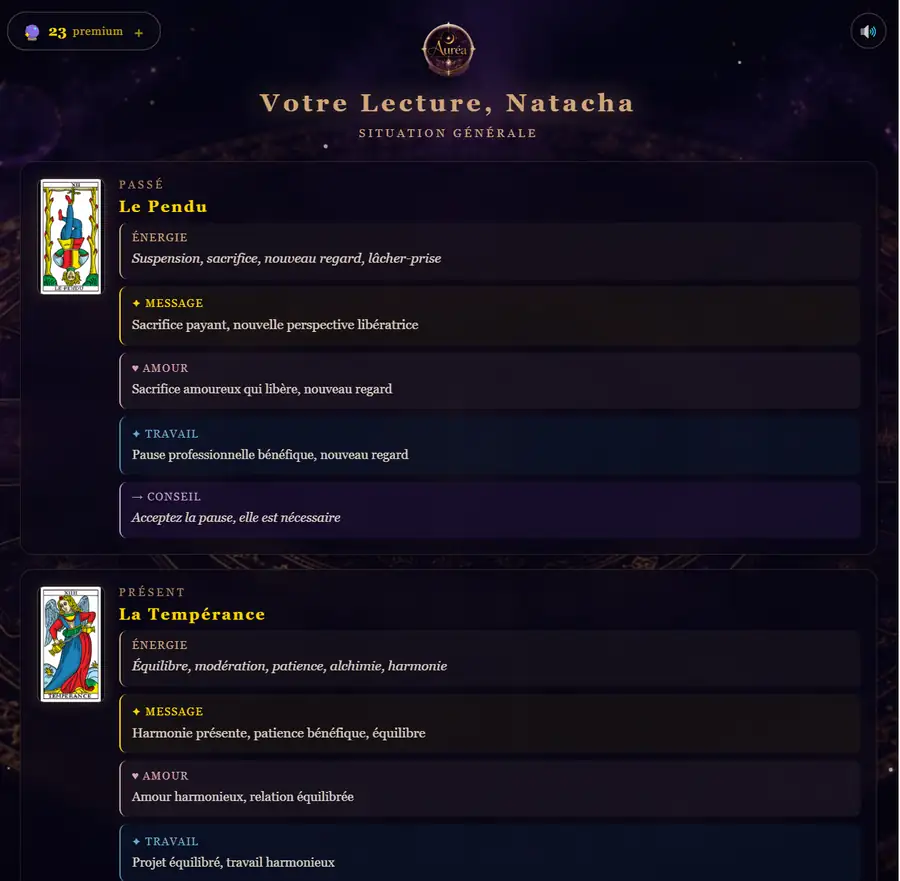 Lecture basique : mots-clés généraux par carte — énergie, message, amour, travail, conseil