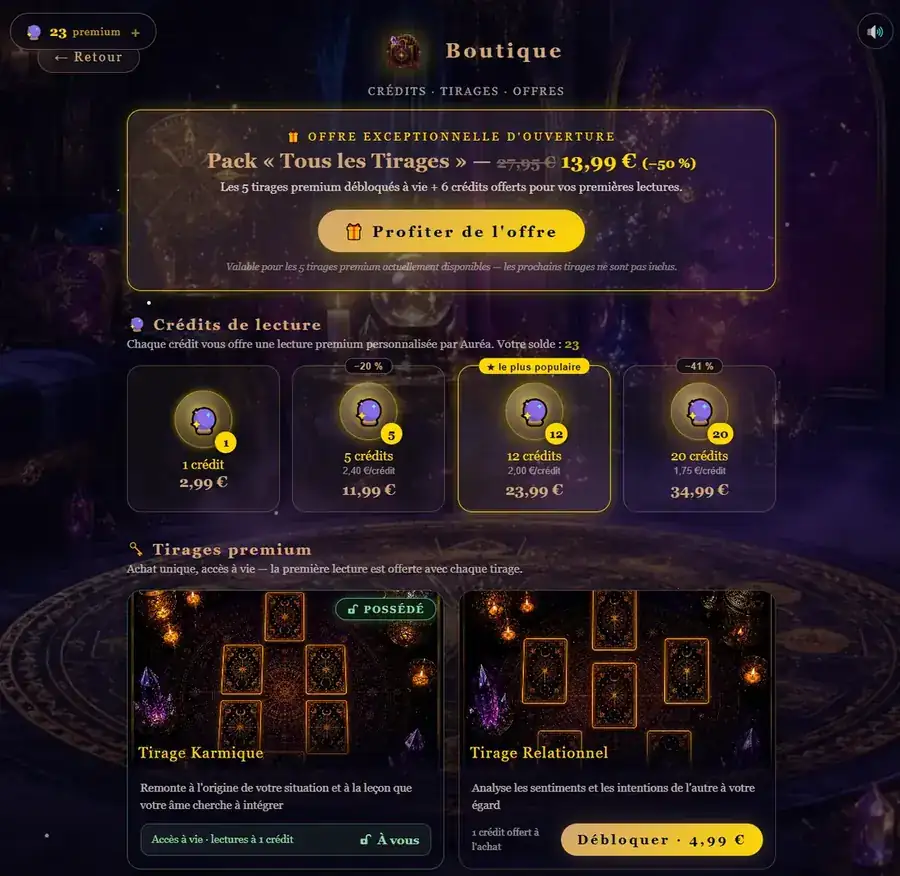 La boutique d'Auréa avec les packs de crédits et les tirages premium