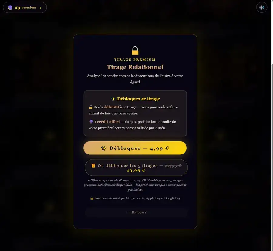 Fenêtre de déblocage d'un tirage premium avec son prix et l'offre groupée