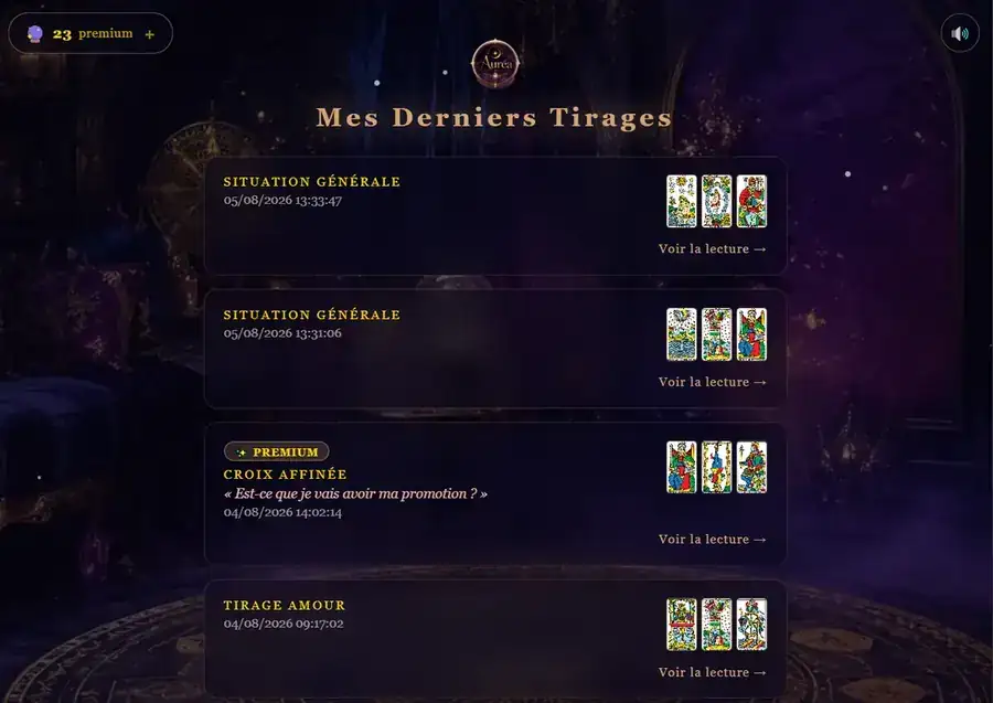 Historique des cinq derniers tirages avec les cartes et la date