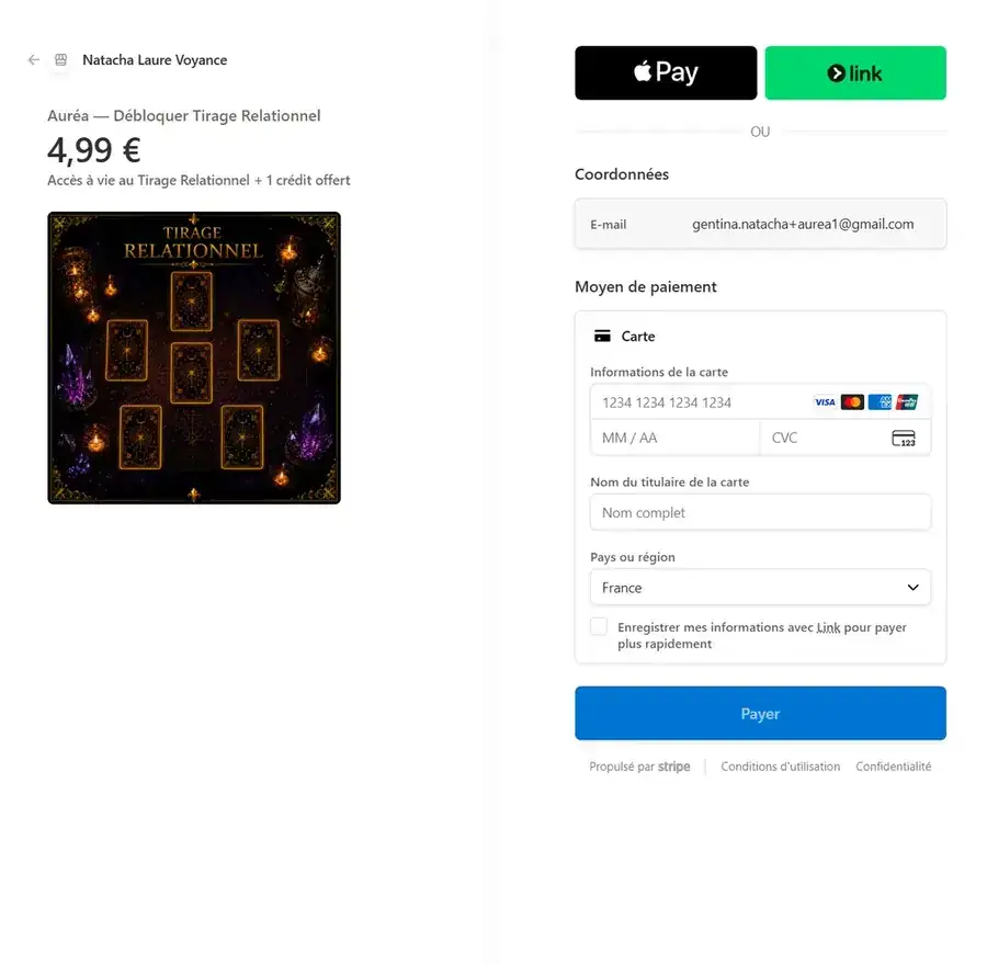 Page de paiement sécurisée Stripe avec carte, Apple Pay et Link