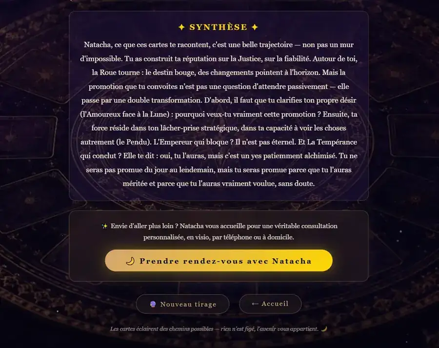 Synthèse finale d'une lecture premium suivie de l'invitation à consulter Natacha