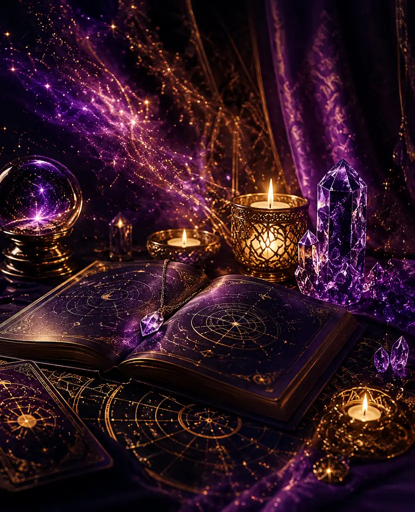 Boule de cristal, grimoire ouvert et cristaux d'améthyste éclairés à la bougie