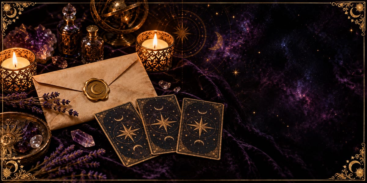 Une lettre scellée d'un cachet de cire doré posée sur du velours sombre, à côté de trois cartes de tarot et de deux bougies allumées