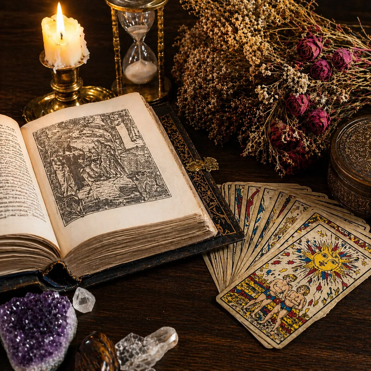 Livre ancien et cartes du Tarot de Marseille