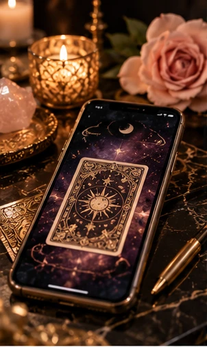 Téléphone affichant un univers tarot au milieu de bougies et de fleurs, pour une question de voyance à 10 euros