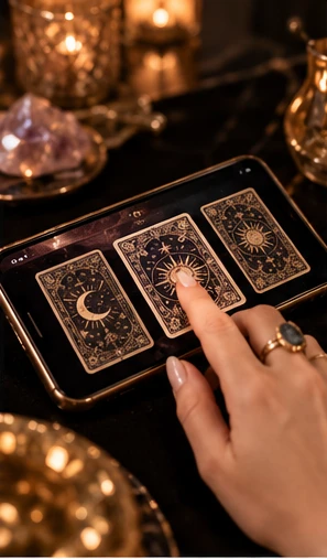 Une main choisit des cartes de tarot sur un écran de téléphone dans une ambiance dorée