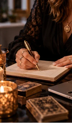 Une tarologue écrit attentivement une interprétation dans un carnet à côté de cartes de tarot
