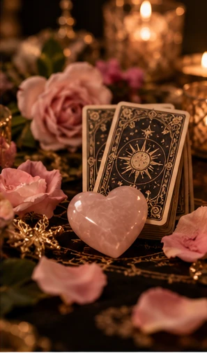Un cœur en quartz rose et des cartes de tarot évoquent une interrogation amoureuse