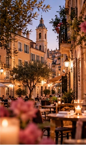 Une rue élégante de Nice au crépuscule illustrant la voyance locale et les consultations à distance