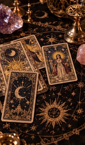 Plusieurs cartes du Tarot de Marseille sur une table noire décorée d'or et d'améthyste