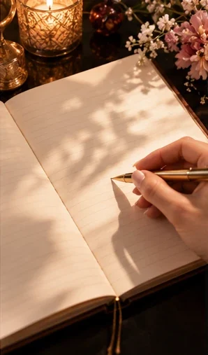 Main écrivant dans un carnet une réflexion personnelle à côté d'une plume et de bougies
