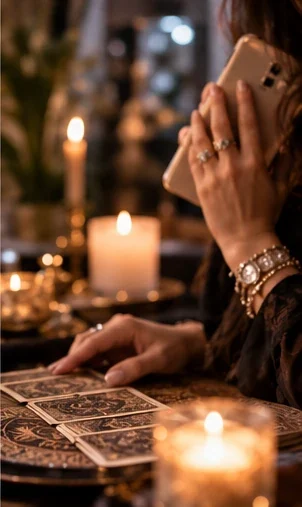 Une personne au téléphone près de cartes de tarot illustrant le choix entre question écrite et consultation complète