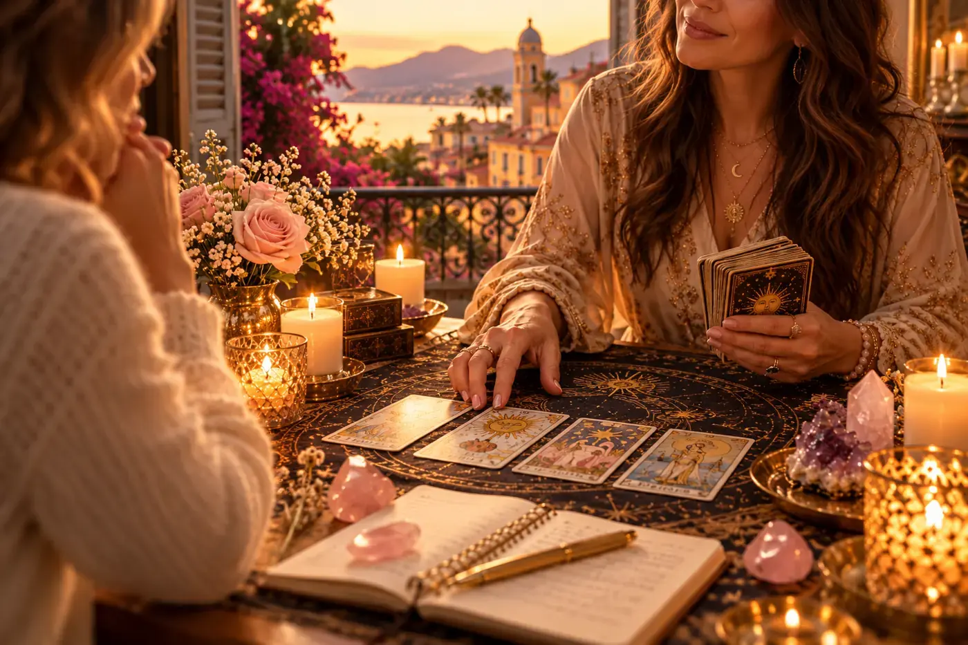 Deux personnes échangent autour de cartes de tarot dans un décor méditerranéen imaginaire