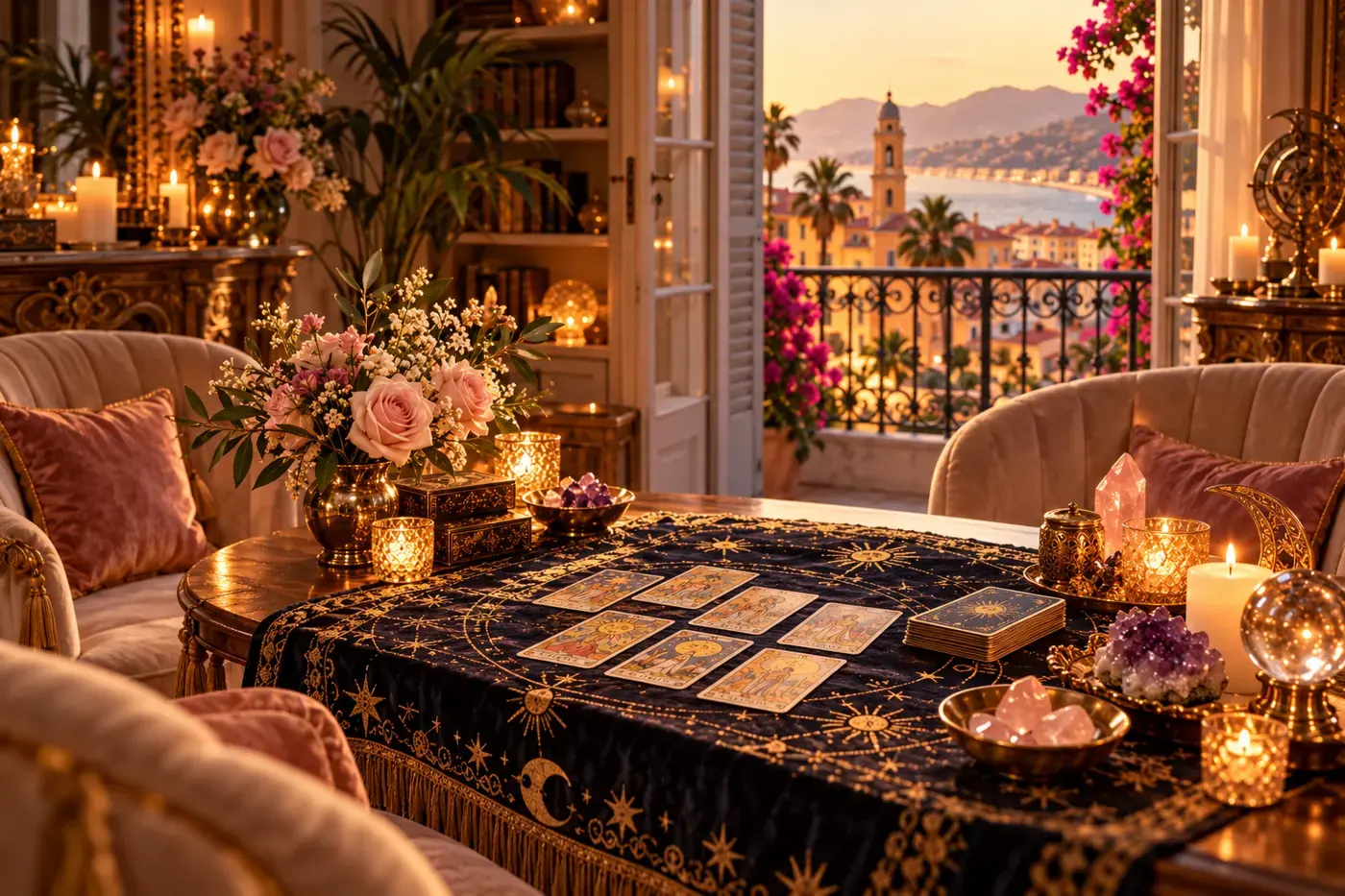 Espace intimiste avec tarot et bougies pour une consultation attentive à Nice