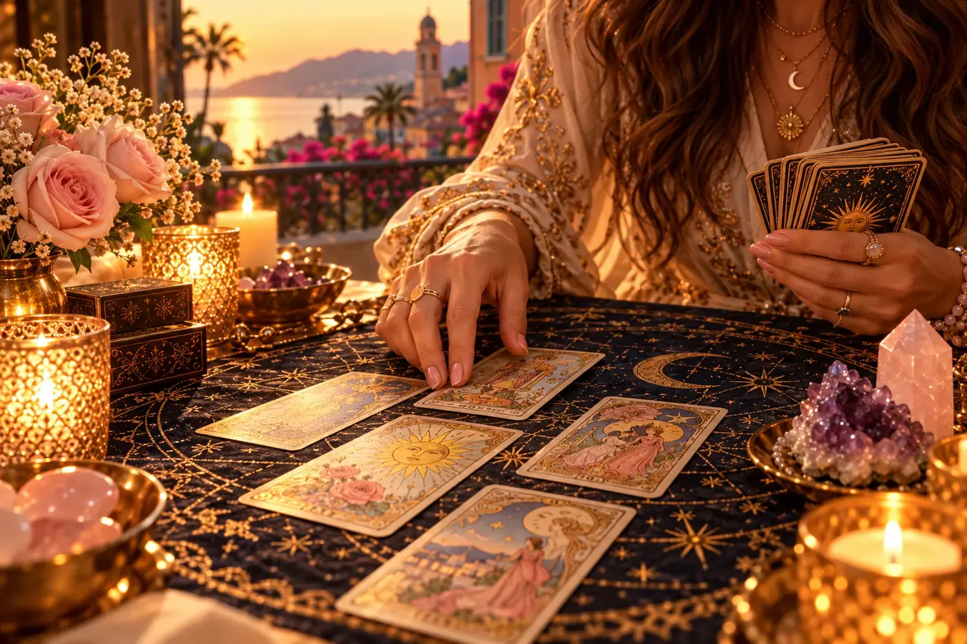 Main rédigeant une interprétation de tarot personnalisée après un tirage de cartes