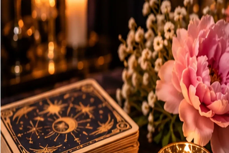 Jeu de tarot posé près d'une pivoine et d'une bougie allumée