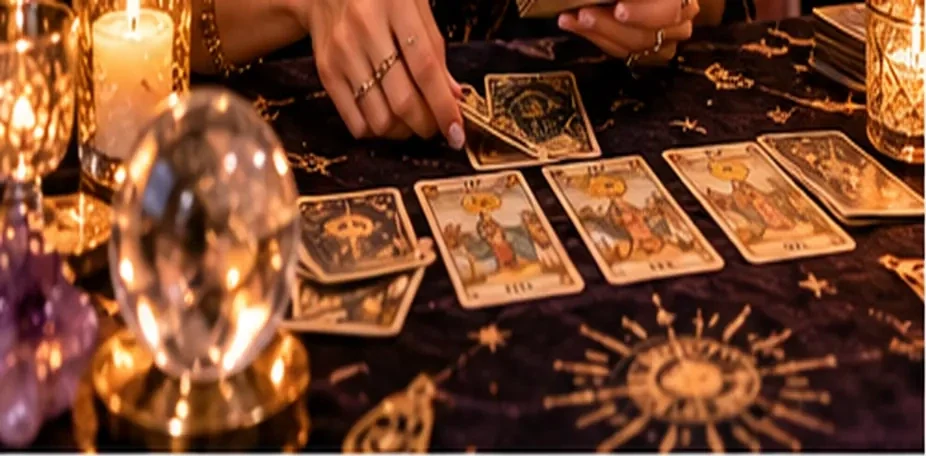 Tirage de tarot de Marseille étalé devant une boule de cristal