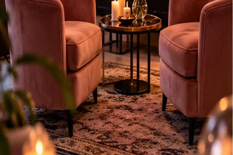Salon feutré avec deux fauteuils, prêt pour une consultation confidentielle