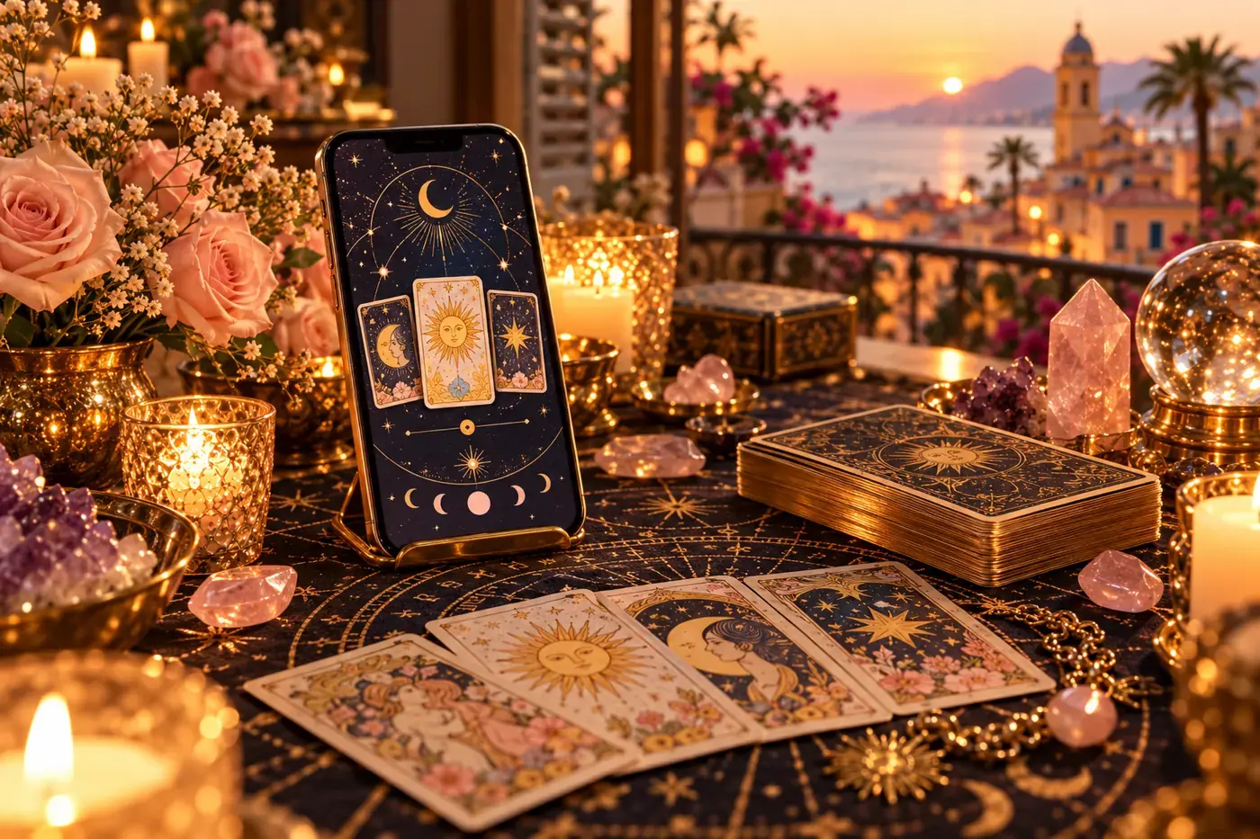 Tirage de tarot sur smartphone pour illustrer une consultation de voyance en ligne
