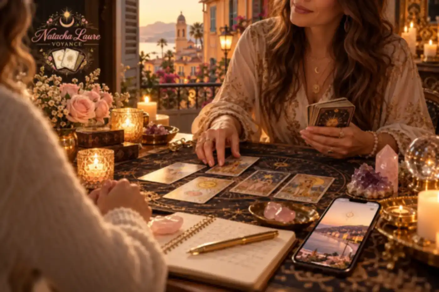 Consultation de tarot à Nice dans une ambiance chaleureuse et dorée