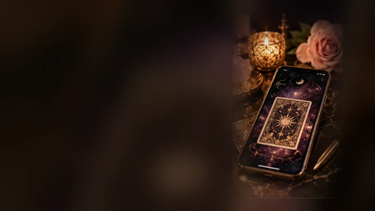 Téléphone affichant une carte de tarot parmi des bougies dorées et une rose