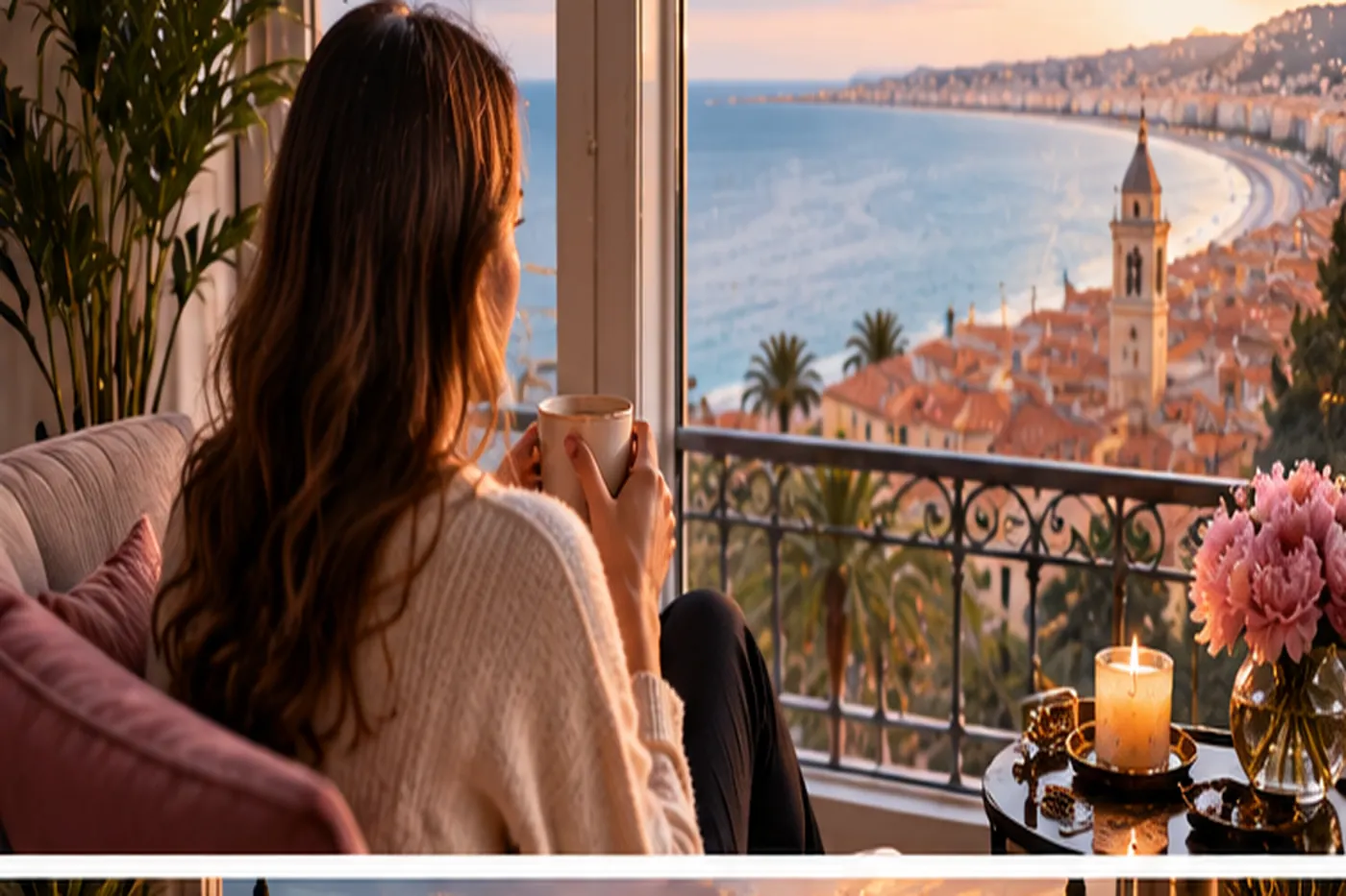 Femme face à un horizon niçois en réflexion sur une reconversion