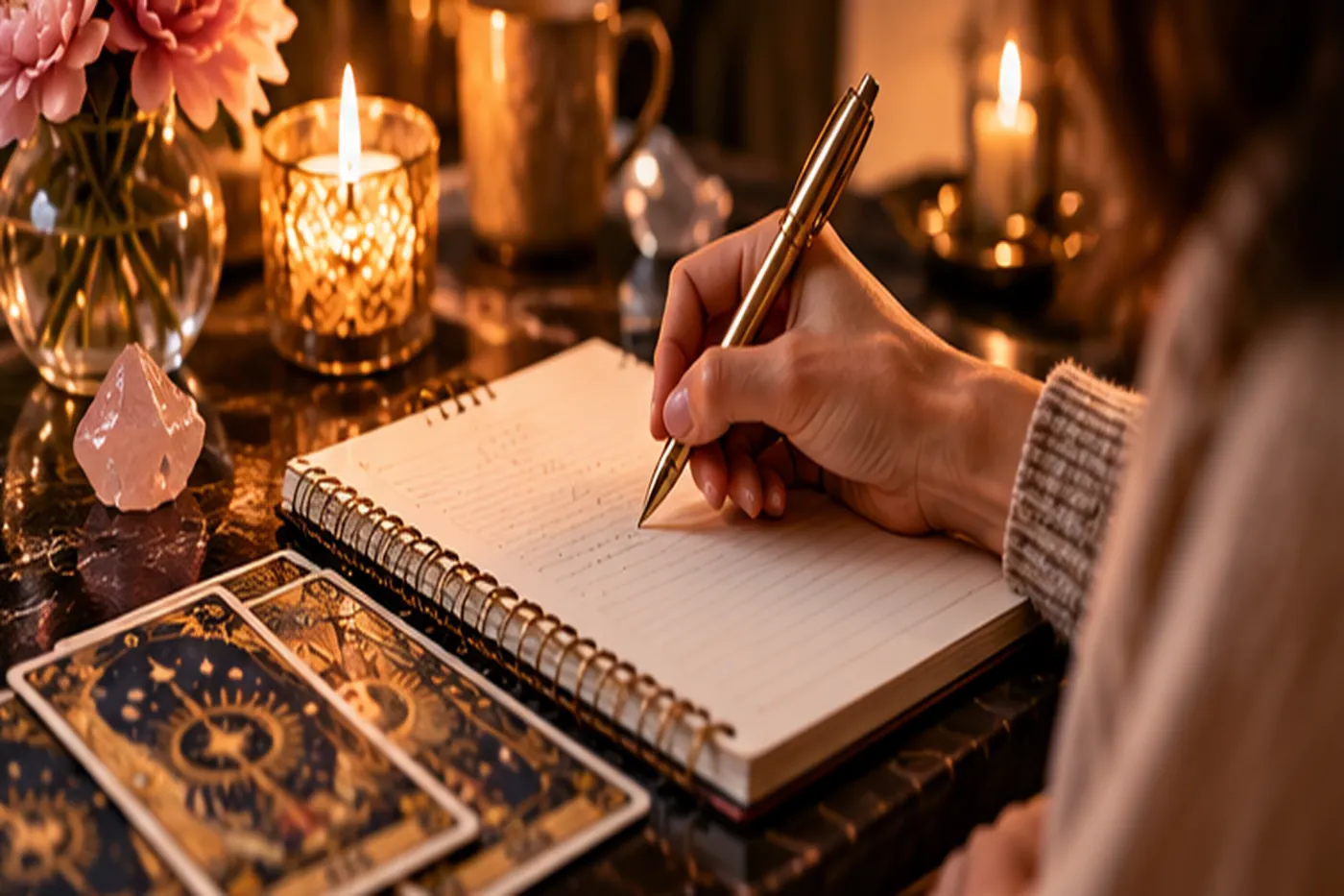 Main écrivant ses questions de carrière près d'un jeu de tarot