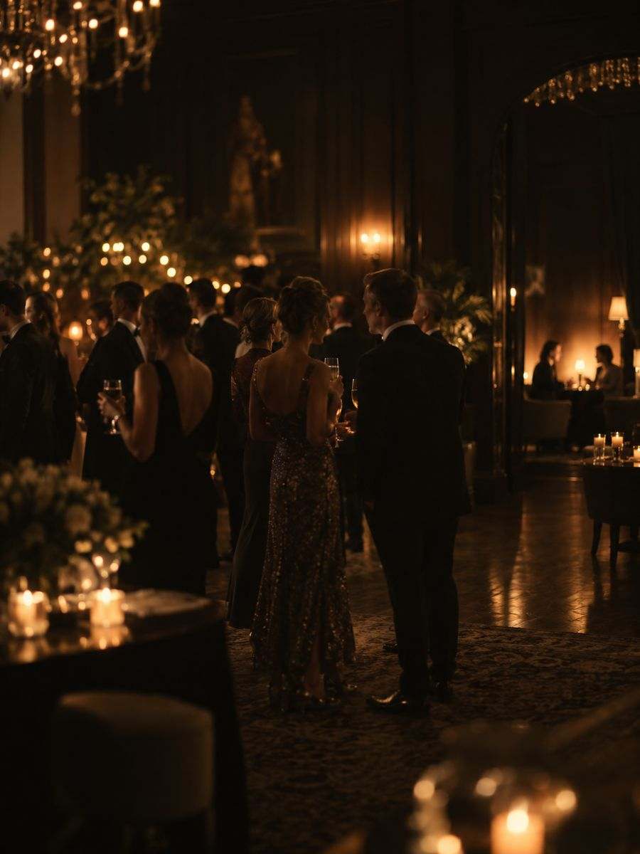 Invités en tenue de soirée lors d'une réception privée animée par une cartomancienne