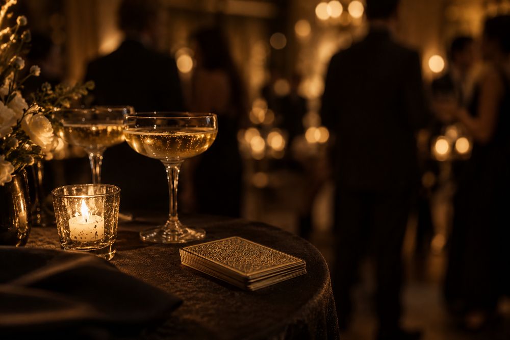Coupes de champagne et jeu de tarot posé sur une table lors d'un cocktail d'entreprise