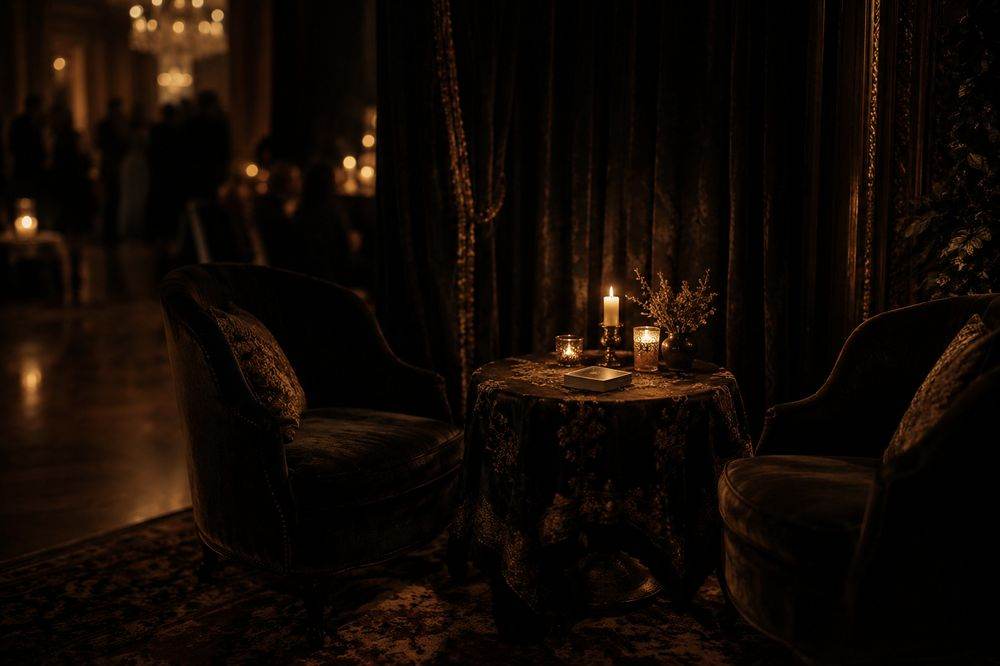 Coin salon isolé avec deux fauteuils de velours pour des consultations de tarot pendant une réception