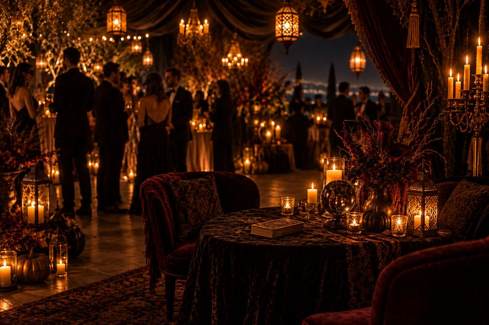 Table de cartomancie installée dans le décor d'une soirée à thème automnale, lanternes et chandelles