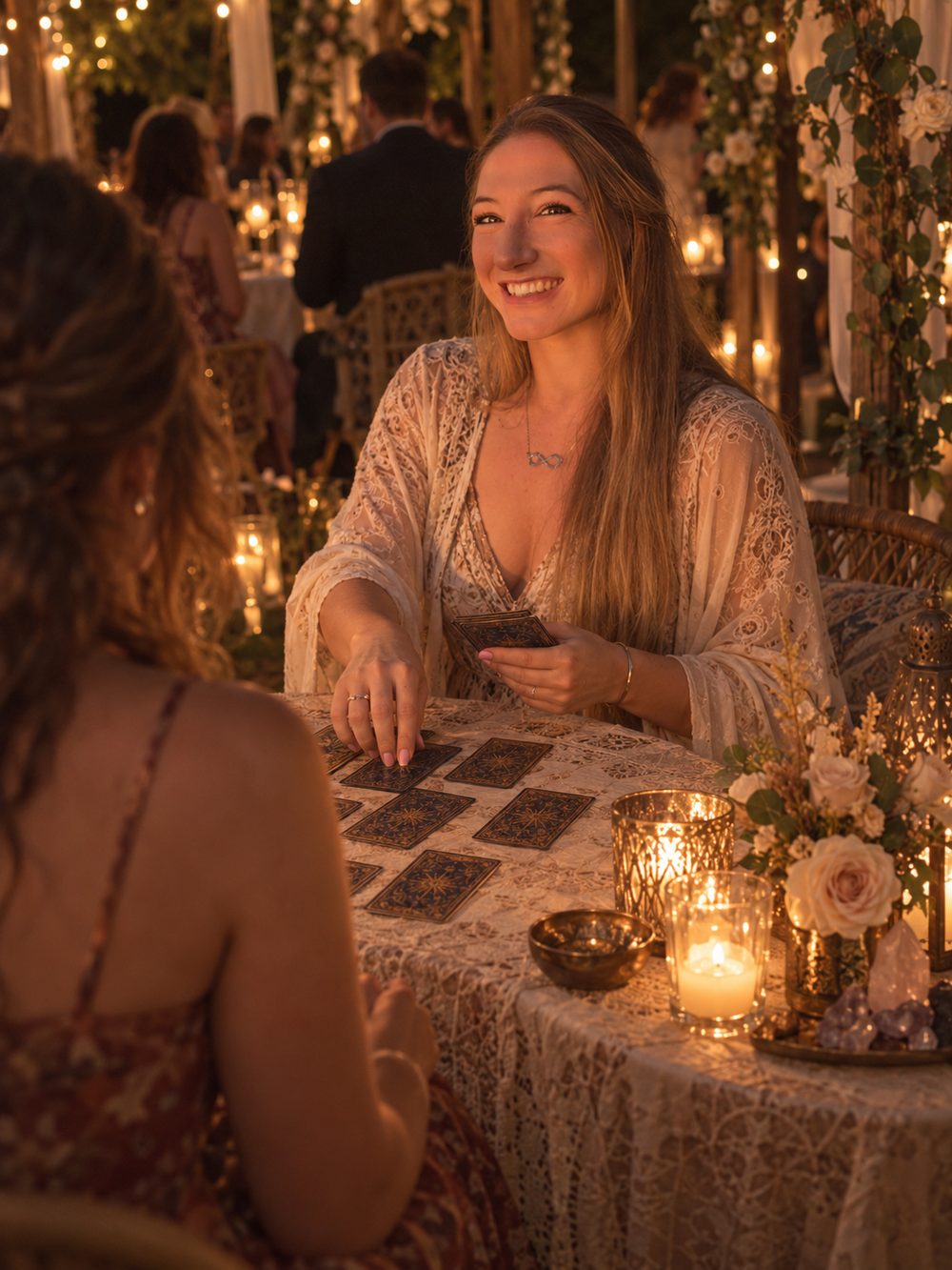 Natacha Laure, cartomancienne à Nice, en pleine animation tarot auprès d'une invitée lors d'une réception en extérieur