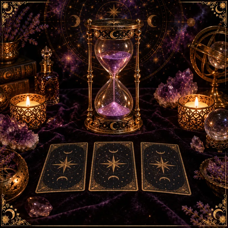 Un sablier doré au sable violet, posé entre deux bougies, devant trois cartes de tarot face cachée