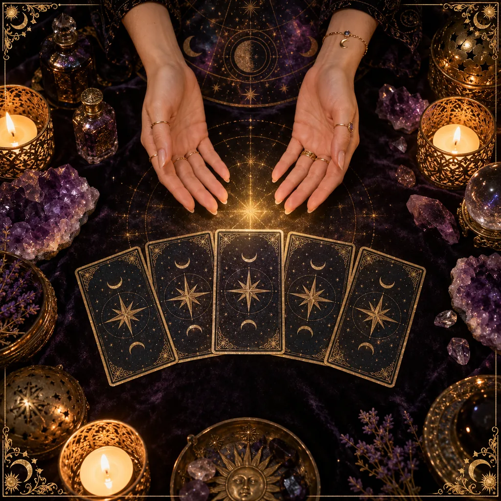 Deux mains ouvertes au-dessus d'un éventail de cartes de tarot, à la lueur des bougies